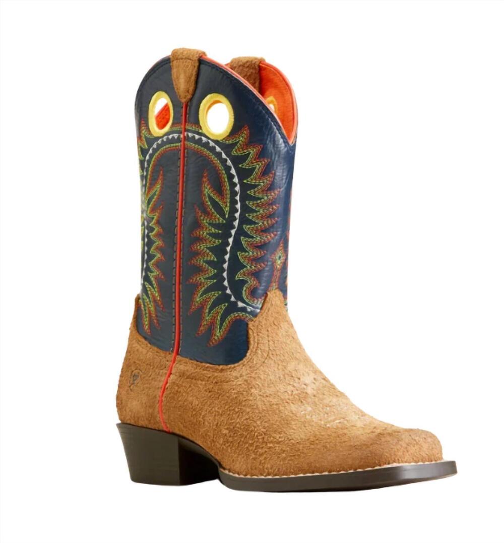NEW ARIAT kid's derby monroe western boots in tan/navy